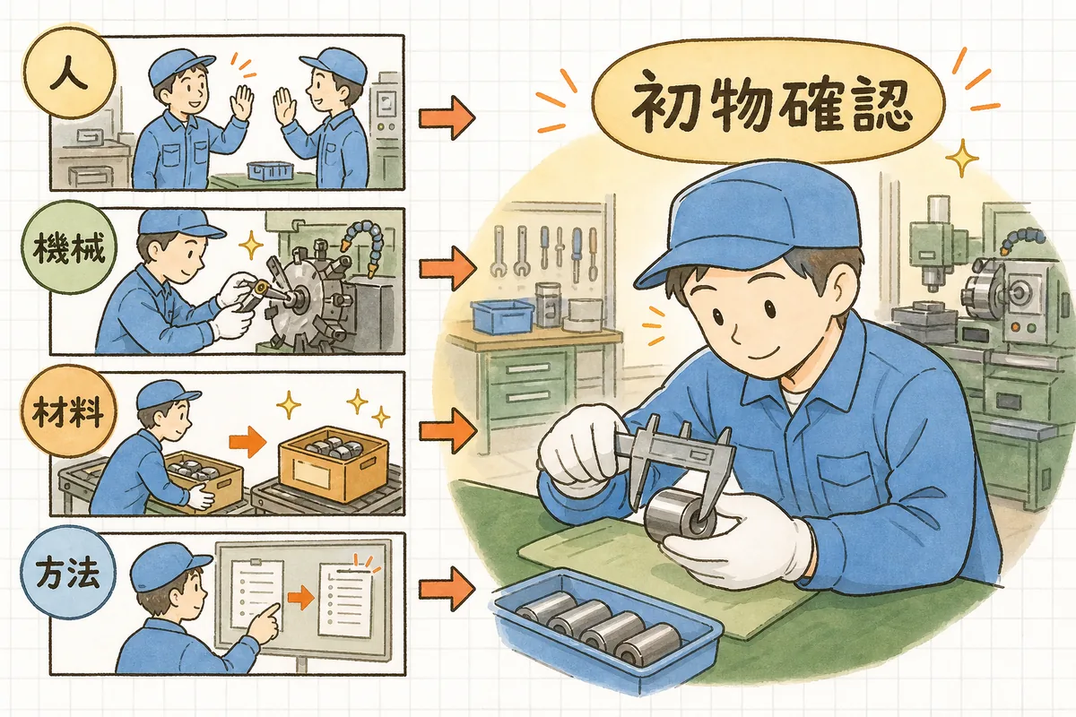 人・機械・材料・方法の4つの変化点を朝に拾い、変わった直後の初物を確認する流れの説明図