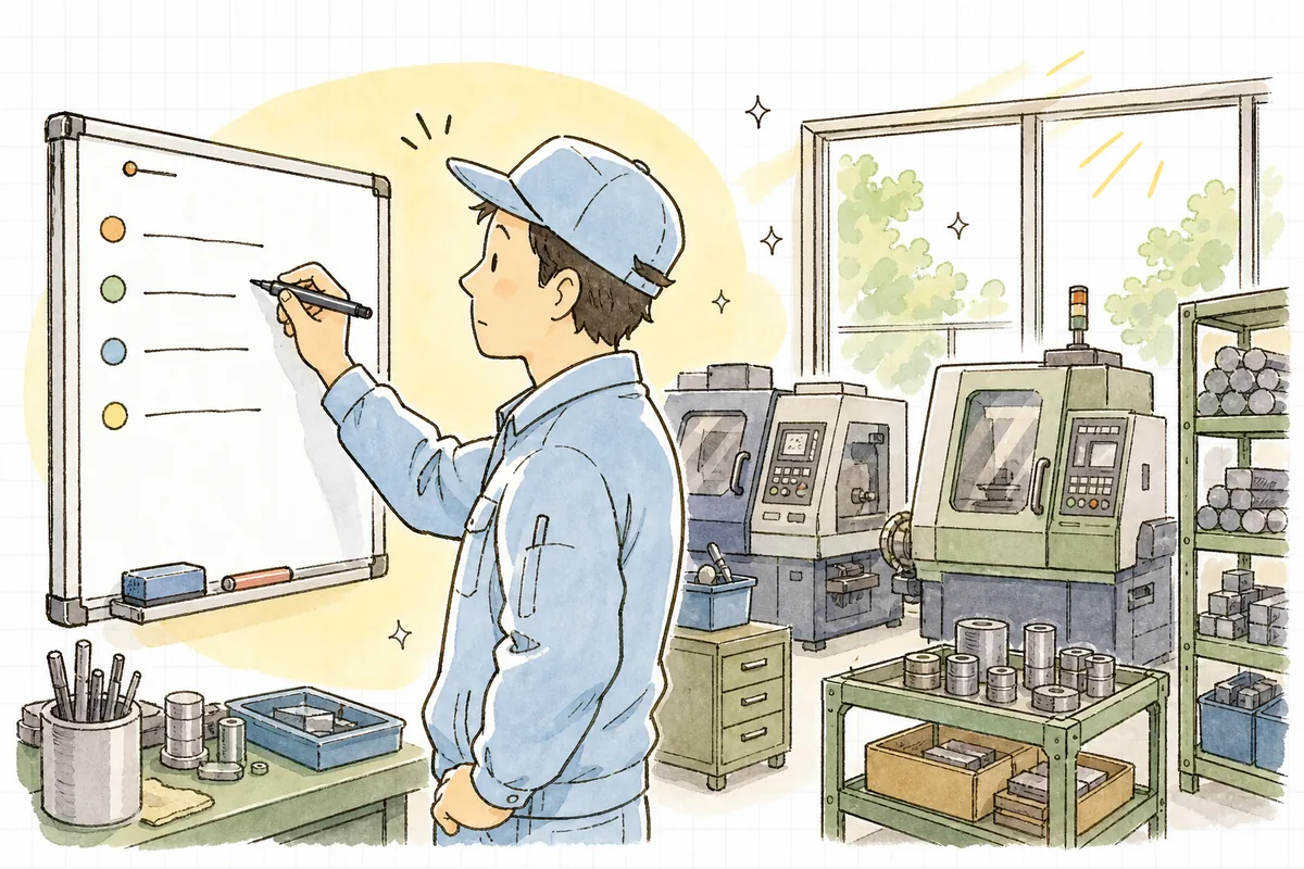 朝礼前の作業場で、今日は材料ロットが替わることをホワイトボードに静かに書き添える現場リーダーの手元と横顔