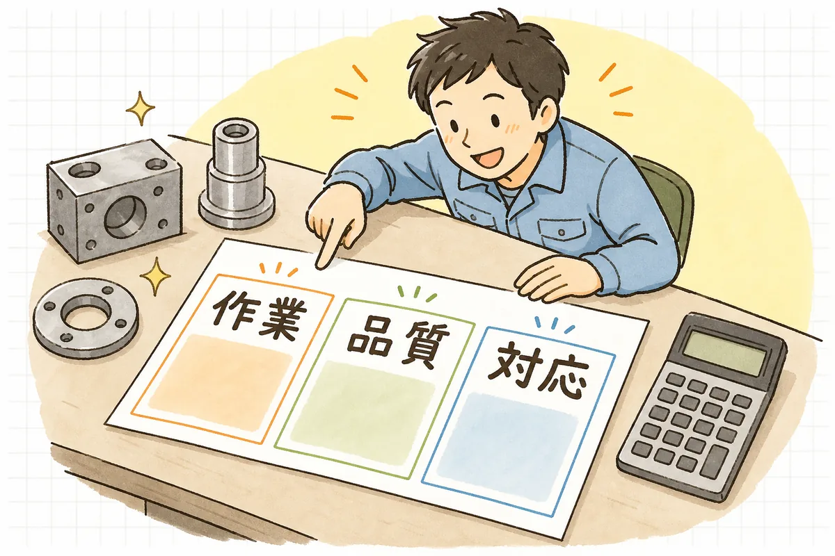 価格に含まれる作業・品質と納期・頼れる対応の3つの根拠を見積書に書き添える説明図
