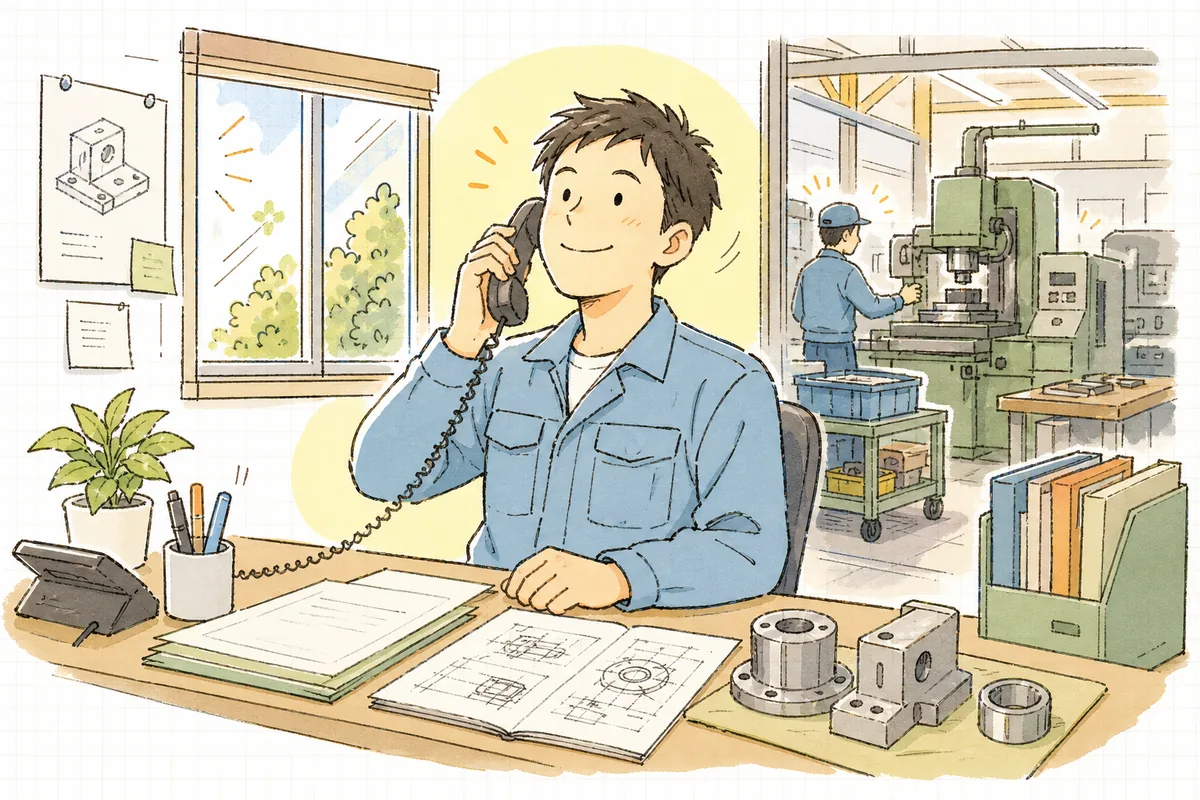 商談を終え、自社の仕事に手応えを感じて前を向く町工場の担当者のおだやかな表情
