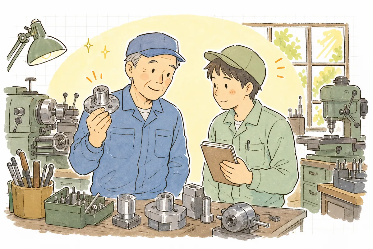 作業台の前でベテランの職人と若手が、手元の加工品を見ながら「今なぜそうしたか」を穏やかに話している町工場の情景