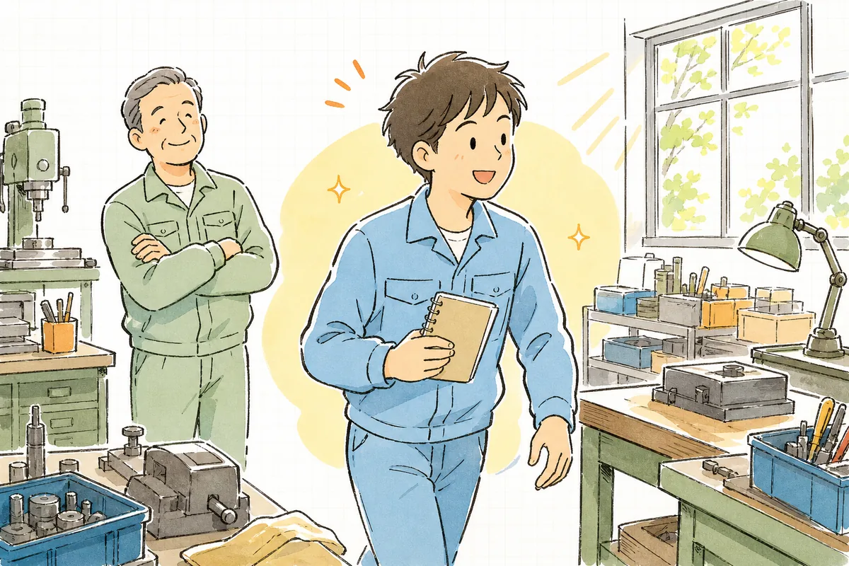 聞き取ったコツをまとめたメモを手に、若手が明るい表情で次の作業に向かい、ベテランが穏やかに見守る前向きな情景