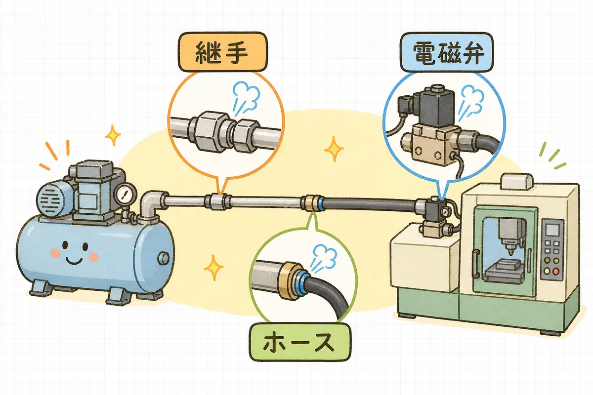圧縮エアが漏れやすい「継手」「ホース」「電磁弁まわり」の3か所を示す点検ポイントの説明図