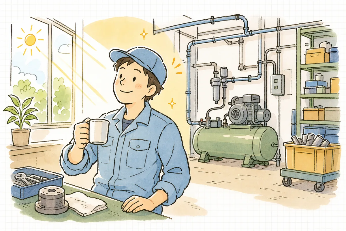 朝の光が差し込む整理された工場で、静かに動くコンプレッサーの前で一息つく町工場の担当者