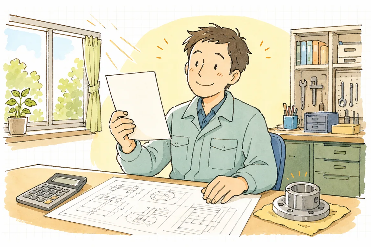 仕上げ工数の行を書き足した見積書を手に、これで大丈夫と前を向く担当者のやわらかな表情