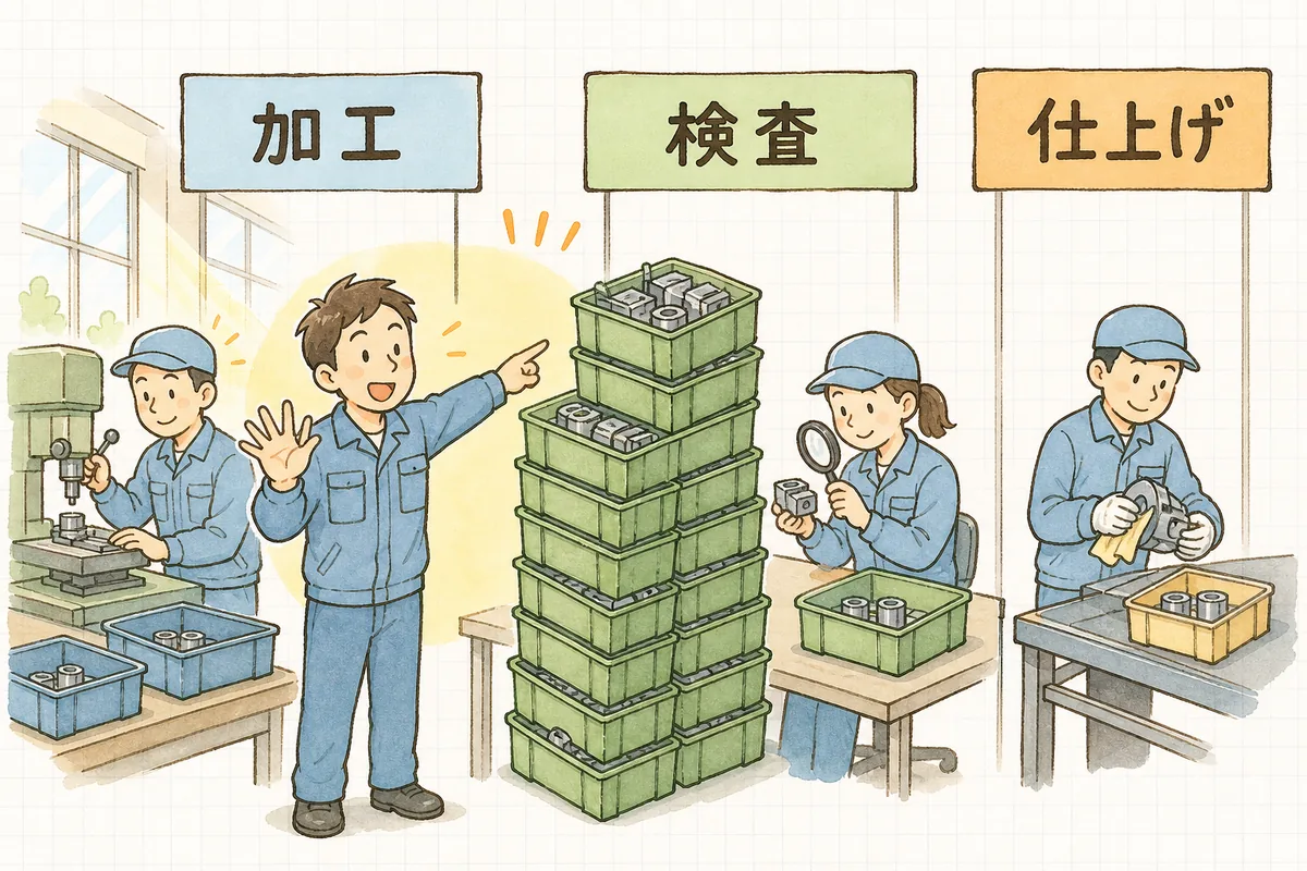 各工程の手前に置かれた仕掛品の量を見比べて、どこが詰まっているかを見つける様子の説明図