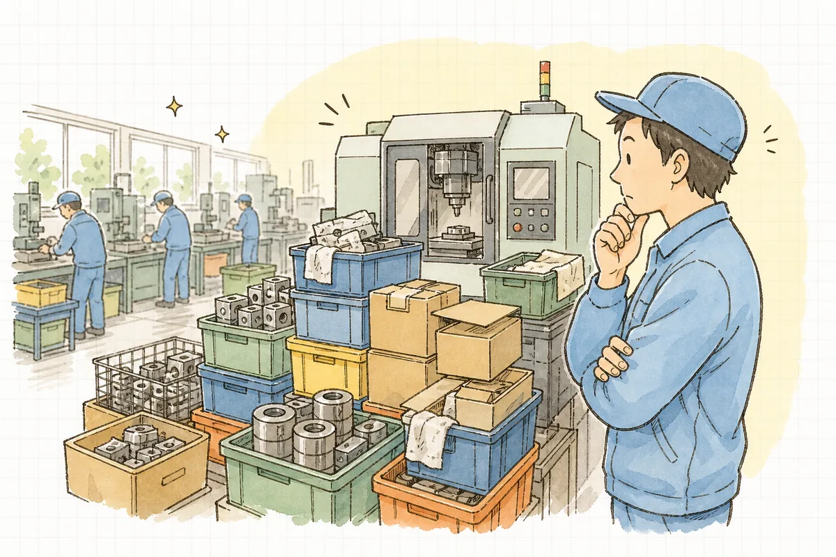 工程の途中に仕掛品が山積みになった機械の前で、なぜここで止まるのかと考え込む町工場の担当者の横顔と手元