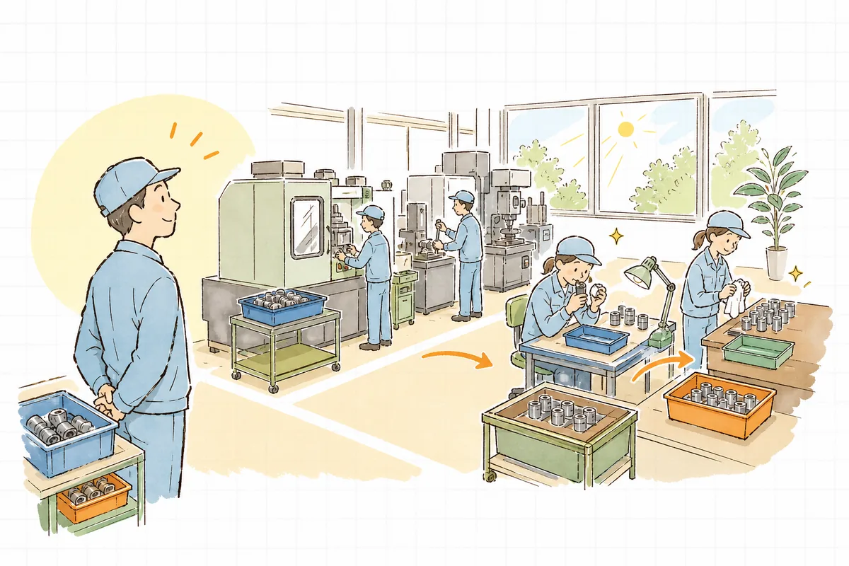 仕掛品の山がなくなり、部品が工程から工程へスムーズに流れる作業場を見て前を向く町工場の担当者