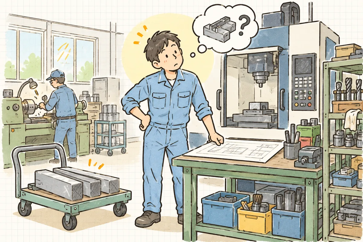 町工場のマシニングセンタの前で、作業着の作業者が材料を置いたまま、作業台の上の図面を見つめて首をかしげ、困ったように立ち止まっている情景