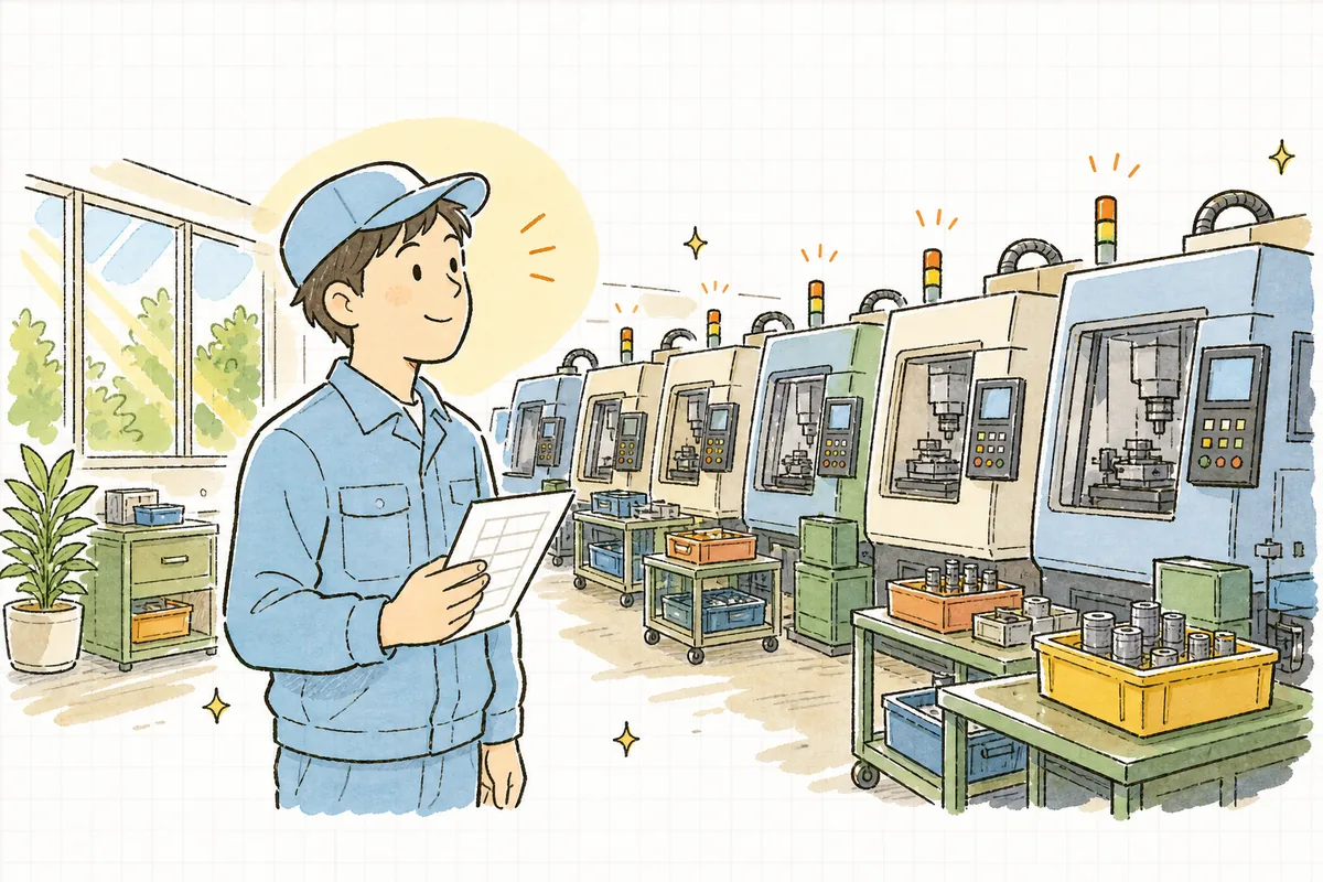 記録用紙を手に、止まらず快調に動く機械を見守り安心した表情の町工場の担当者