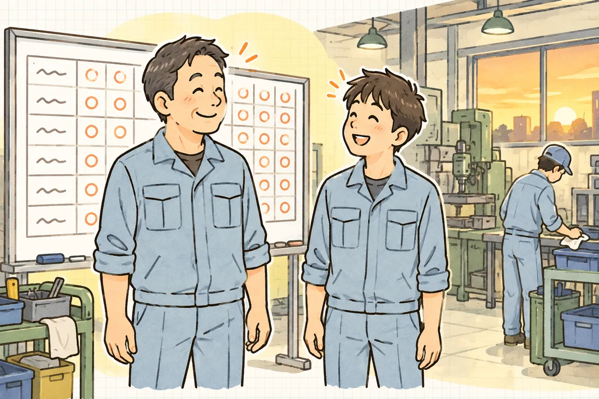 夕方の町工場で、ホワイトボードに今日の印をつけ終えた作業者と現場リーダーが、顔を見合わせてほっと笑っている情景