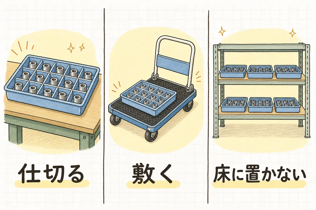打痕・キズを防ぐ3つの工夫を描いた説明図。左は仕切りのついたトレーに金属部品が1個ずつ収まっている絵、中央は荷台にゴムマットを敷いた台車の絵、右は床ではなく棚の上に置かれた部品の箱の絵