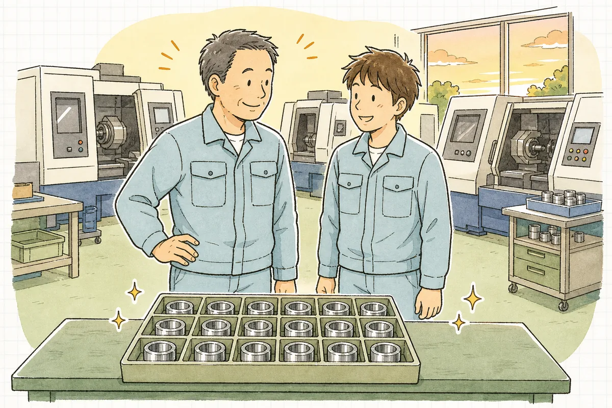 夕方の町工場で、仕切りのついたトレーにきれいに並んだ部品を前に、検査担当と若い作業者が並んで立ち、ほっとした笑顔を見せている明るい情景