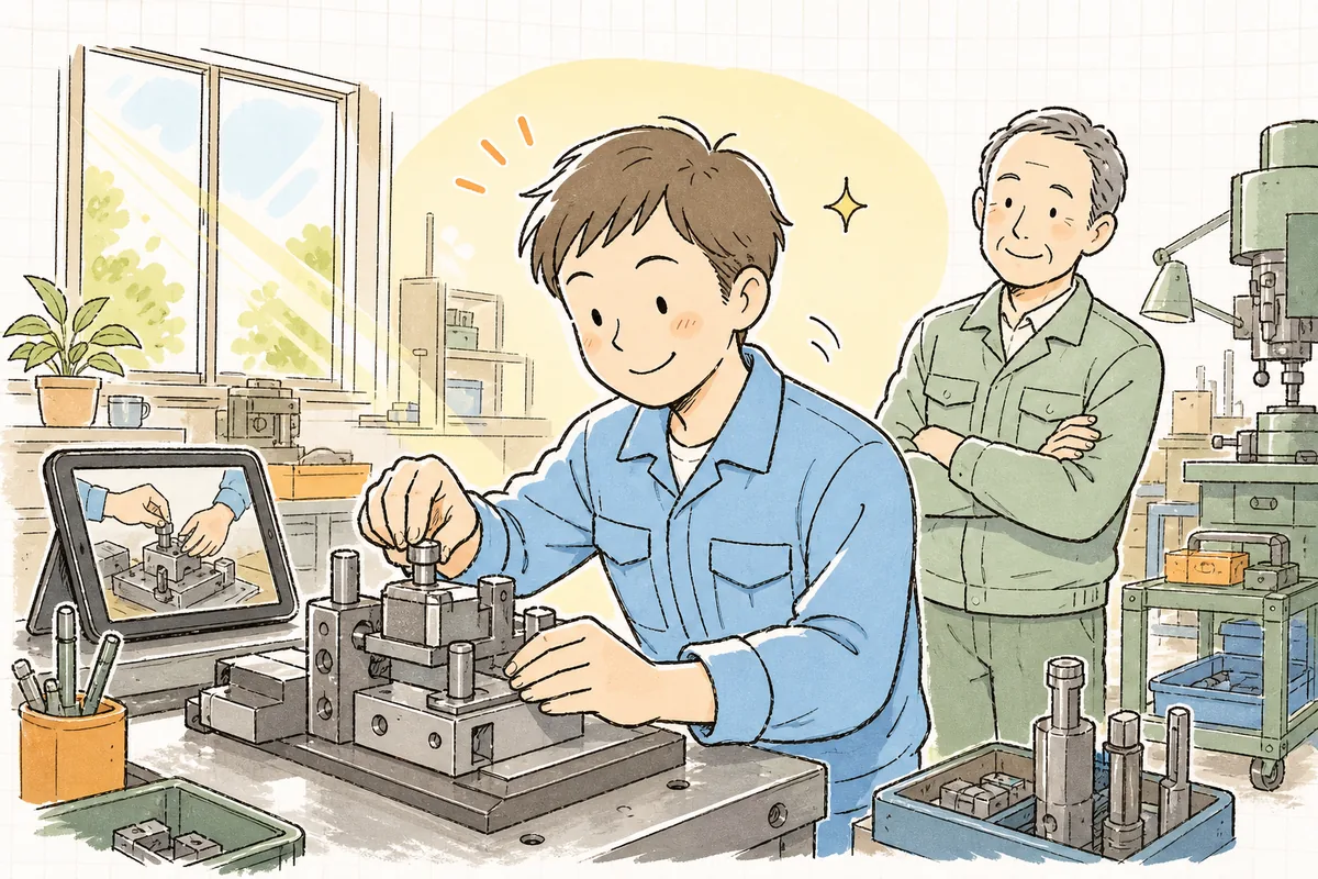 撮影した段取り動画をタブレットで見ながら、自分の手で試してうなずく若手と、隣で見守るベテランの町工場の情景