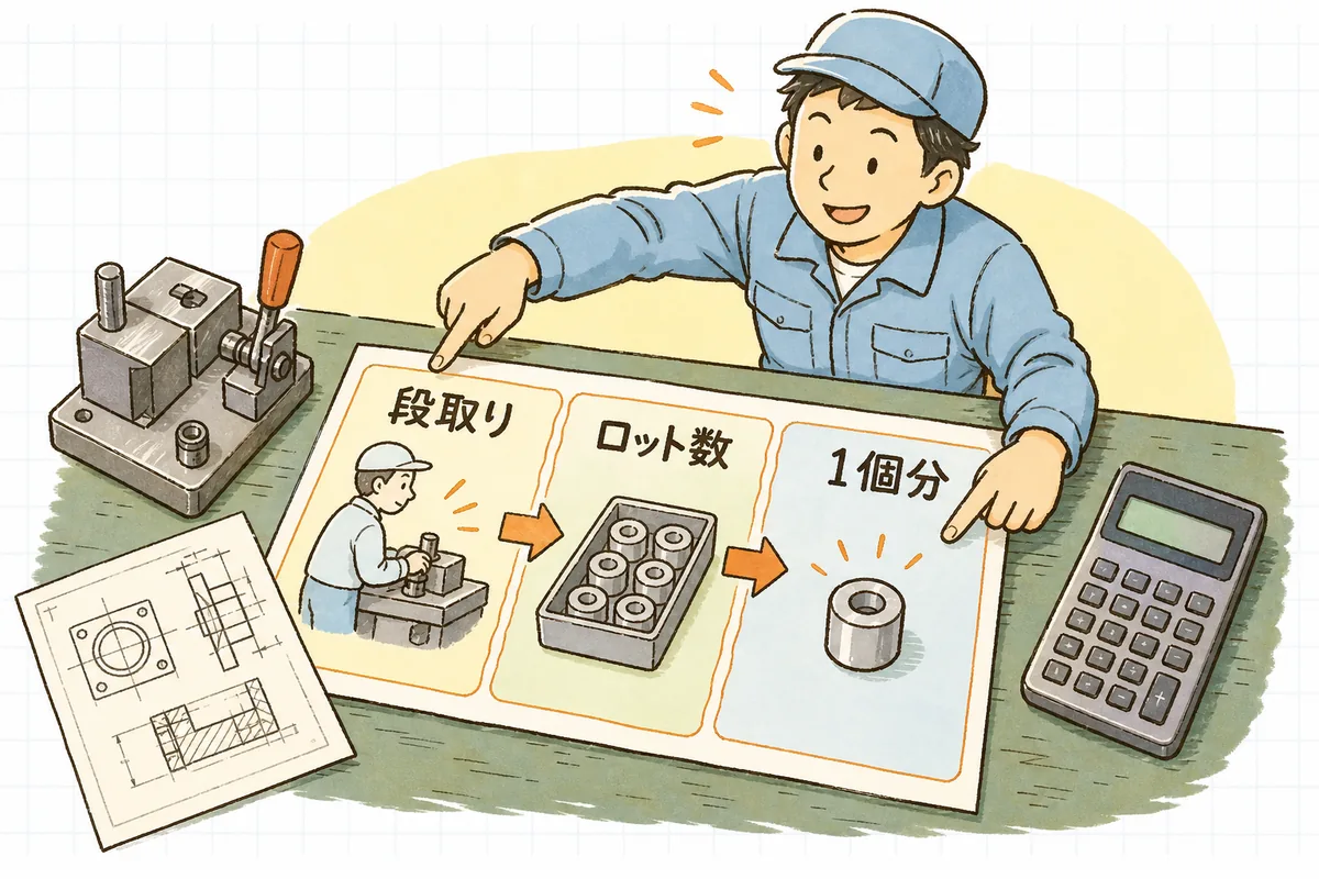 段取り時間をロット数で割って1個あたりの原価に乗せる流れを示した説明図
