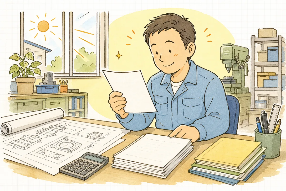 段取りの行を書き足した見積書を見つめ、これで大丈夫と前を向く担当者の安心した表情