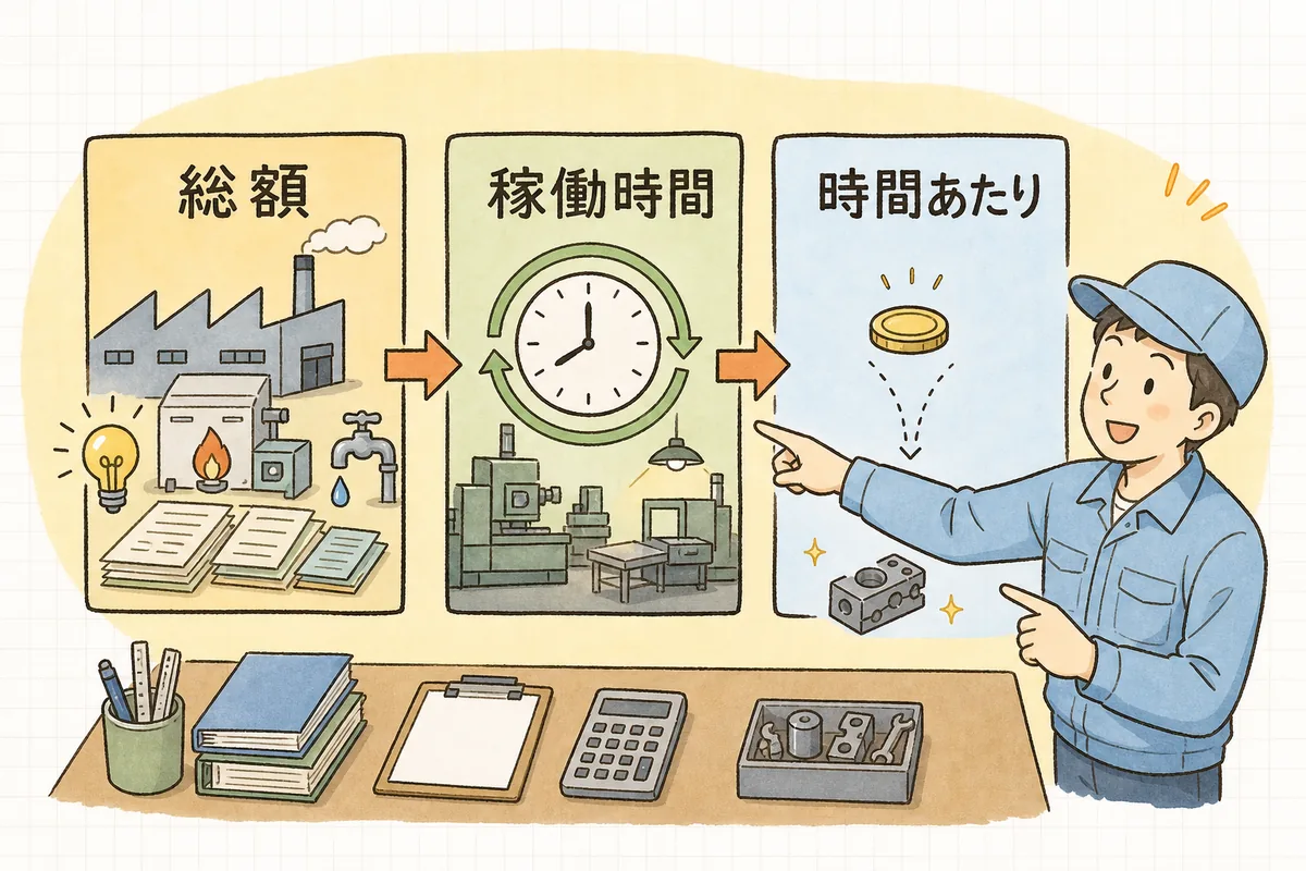 工場全体の月の光熱費を月の稼働時間で割って1時間あたりの光熱費を出し、加工時間に掛ける流れを示した説明図