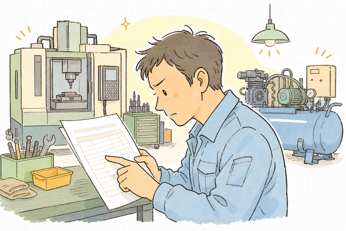 工場の分電盤の前で電気料金の明細を見ながら、見積にどう乗せるか考え込む町工場の担当者の横顔と手元