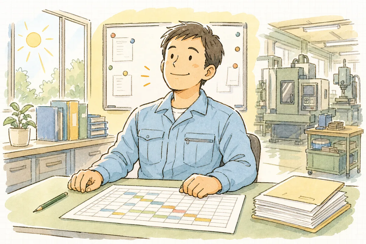 来週の負荷を書き出した表を前に、これで先が読めると納得して顔を上げる町工場の担当者