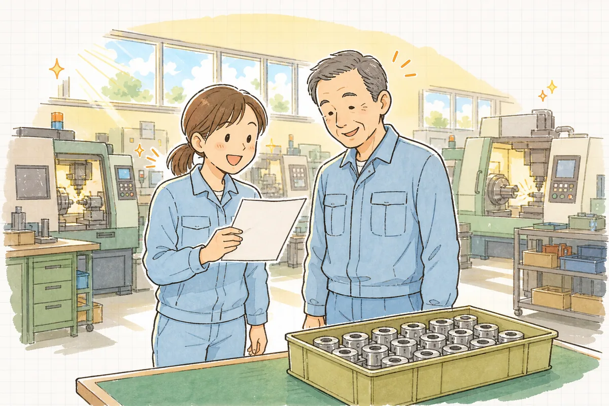 朝の明るい工場で、検査を終えた良品の箱を前に、二人の担当者が紙を見ながら笑顔で話している場面