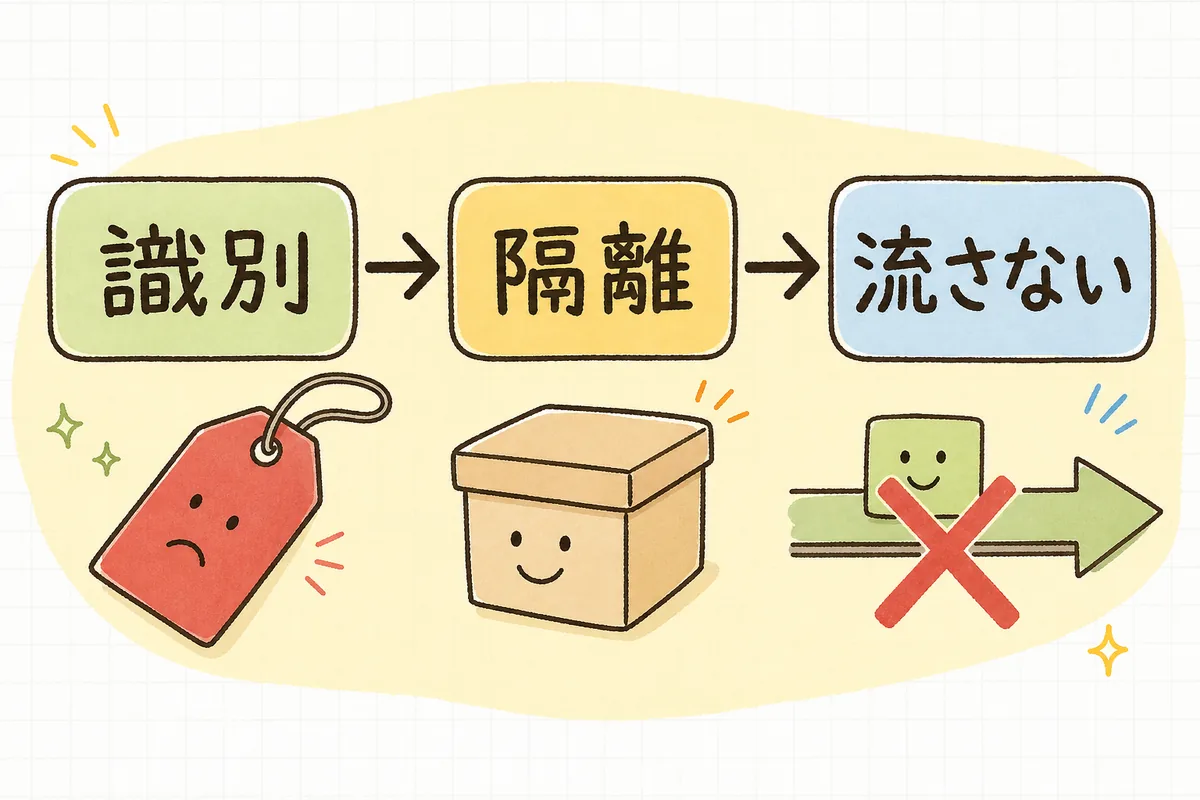 不良品を良品と分けて識別し、専用の置き場に隔離し、処置が決まるまで流さない流れの図