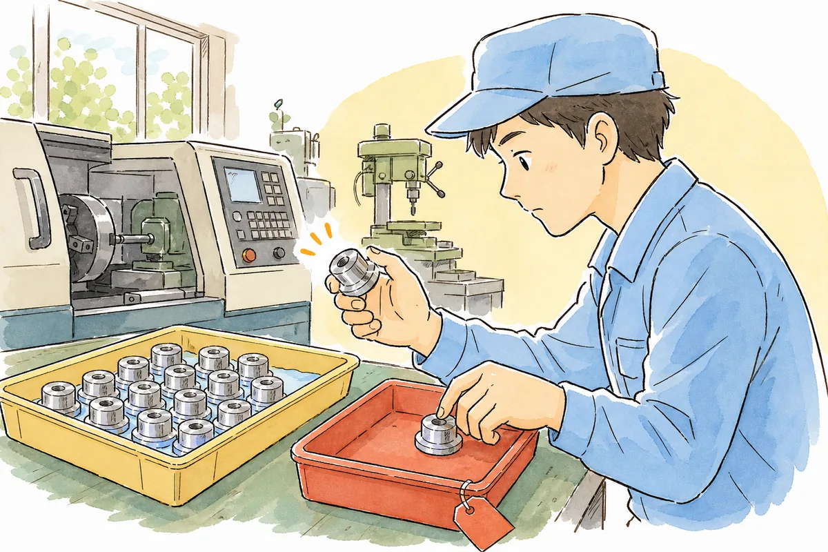 加工品の中から見つけた不良品を赤いタグをつけた専用の箱にそっと分けて入れる町工場の担当者の手元と横顔