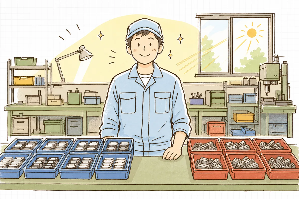 良品と不良品がはっきり色分けされ整った作業台の前で、確認を終えて前を向く町工場の担当者のやわらかい表情