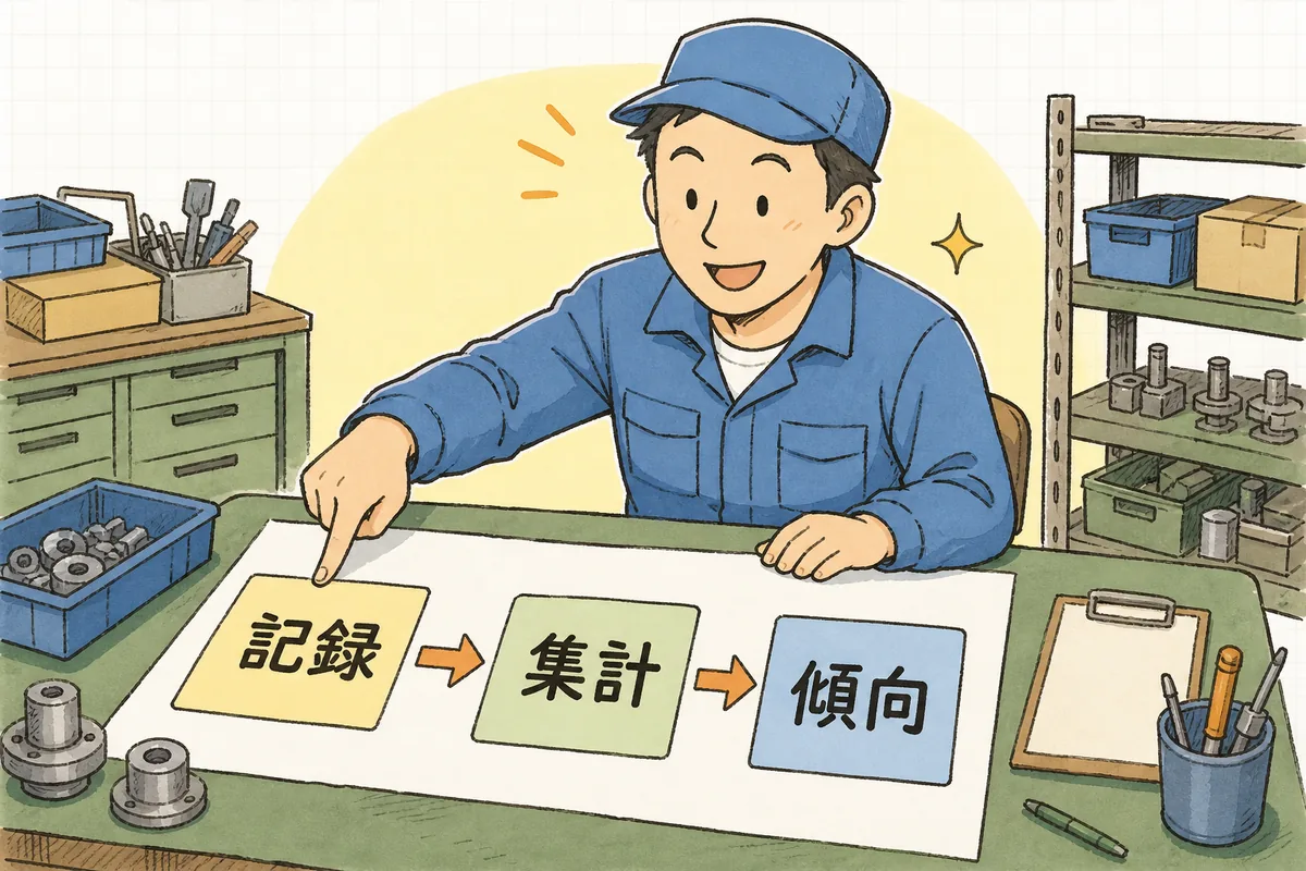 その場で数える・不良率を出す・傾向を読むの三段階を左から順に指でたどる担当者の説明図