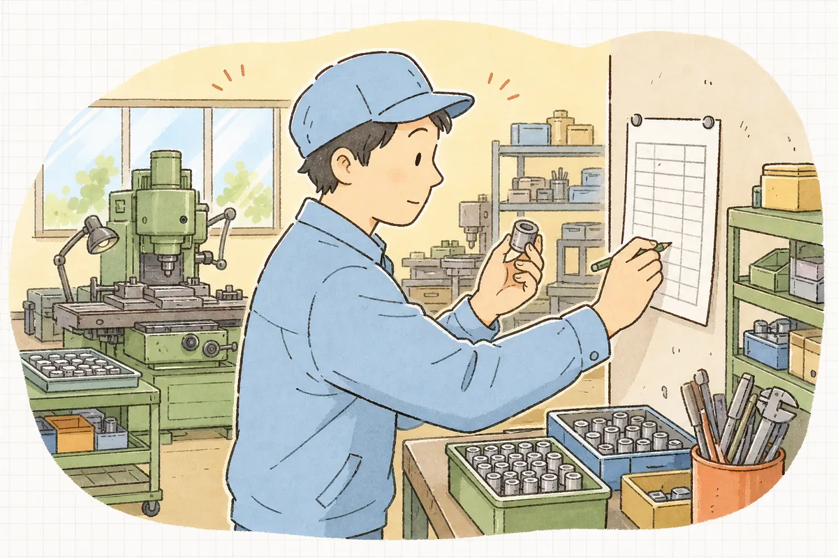 作業台のそばで不良品を手に取り、壁に貼った記録用紙に「正」の字で数を書き込む町工場の担当者の情景