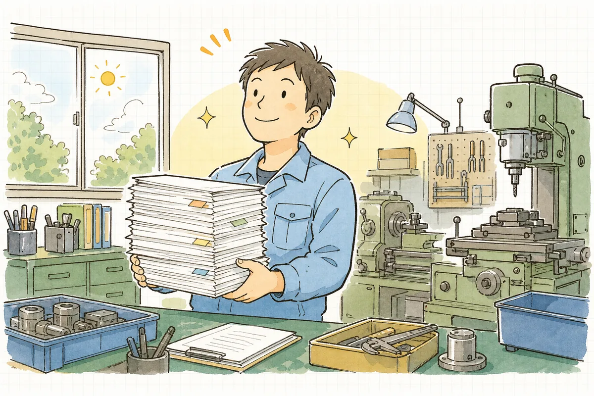たまった記録用紙を手に、傾向が見えて少し表情が明るくなった担当者が前を向く情景