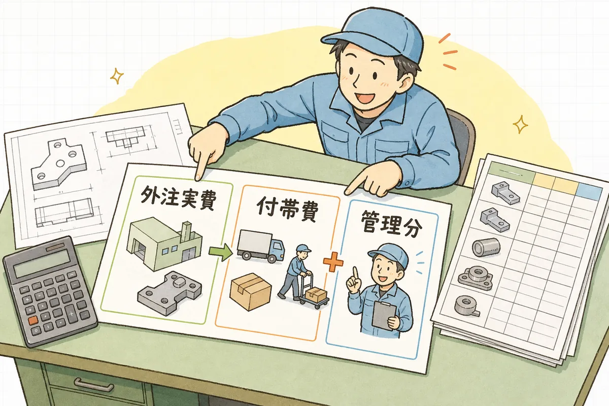 外注実費に運搬などの付帯費と自社の管理分を足して見積に乗せる流れを示した説明図