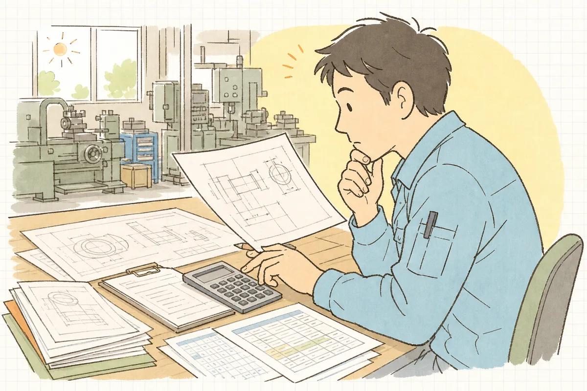 図面を手に、外注に出す工程の費用を見積へどう乗せるか考え込む町工場の担当者