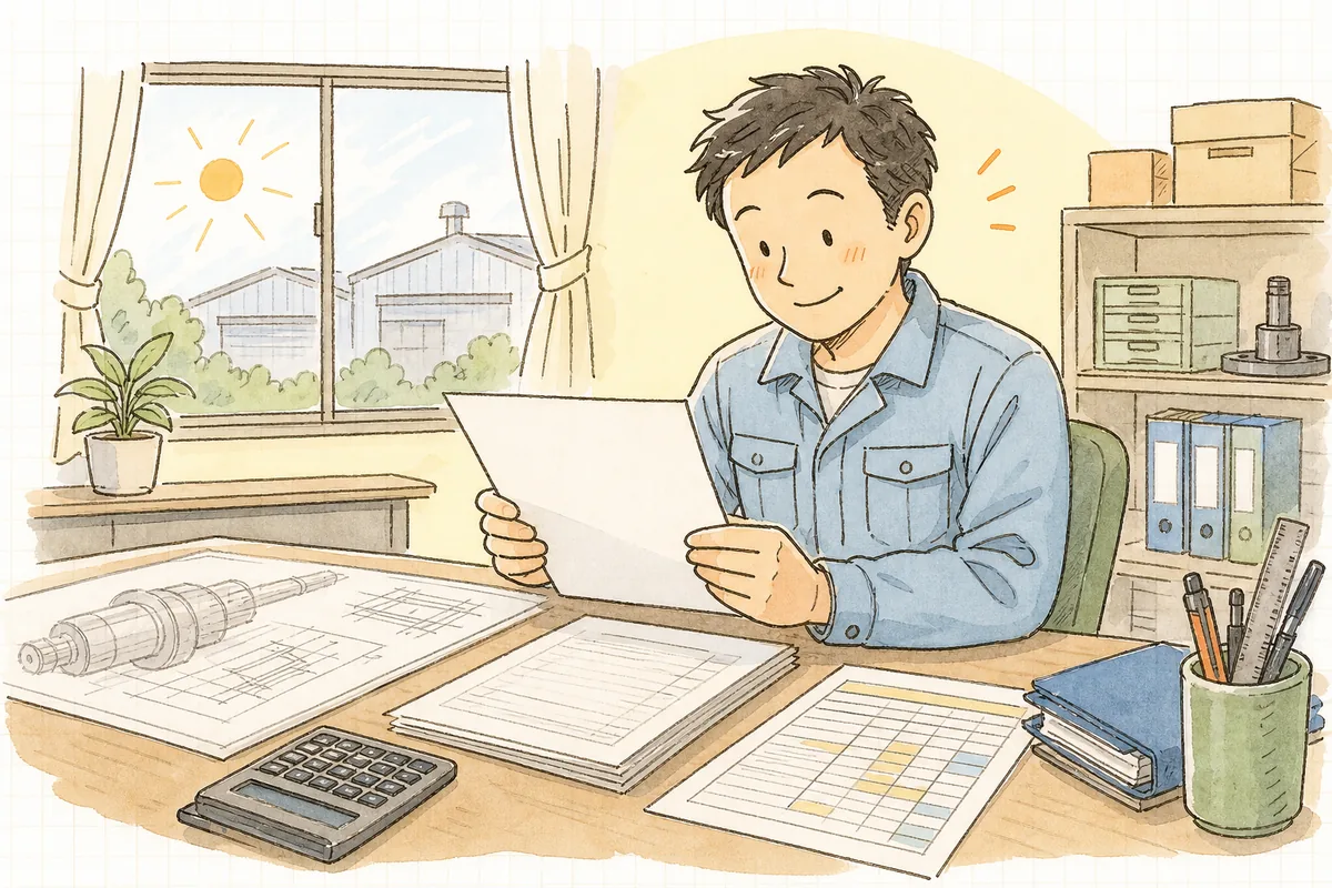 外注加工費の行を整えた見積書を手に取り、これで大丈夫と前を向く担当者の安心した表情