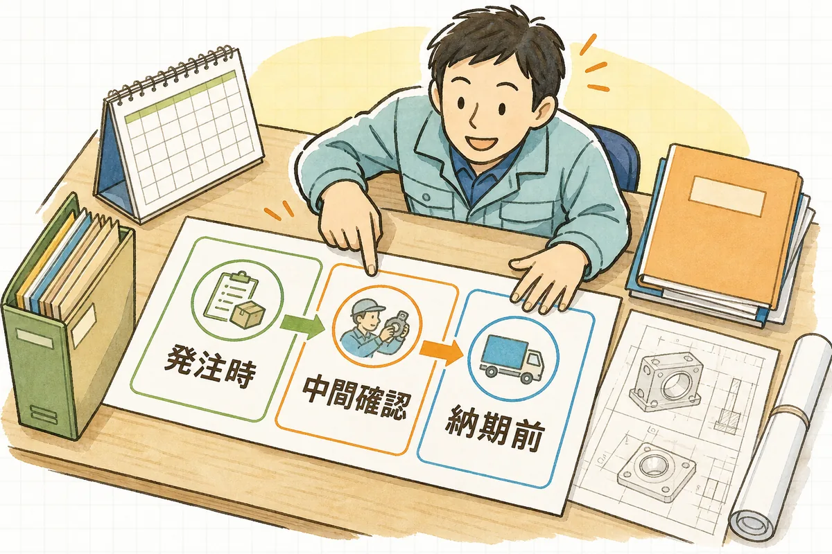 外注の発注から納期までを発注時・中間・納期前の三つの確認点に分けて示した説明図