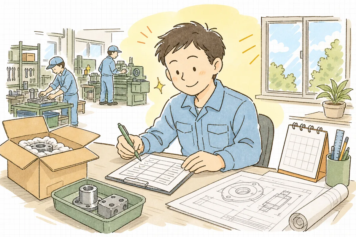 外注品が予定どおり届き、控えに確認の印をつけて穏やかに微笑む町工場の担当者