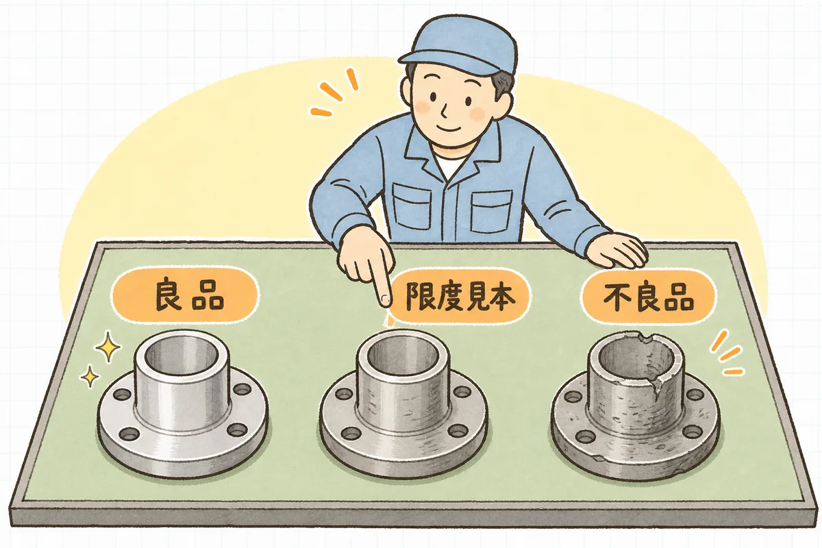 良品・限度見本(OKの限界)・不良品の三つを並べて見くらべると判断がそろうことを示す説明図