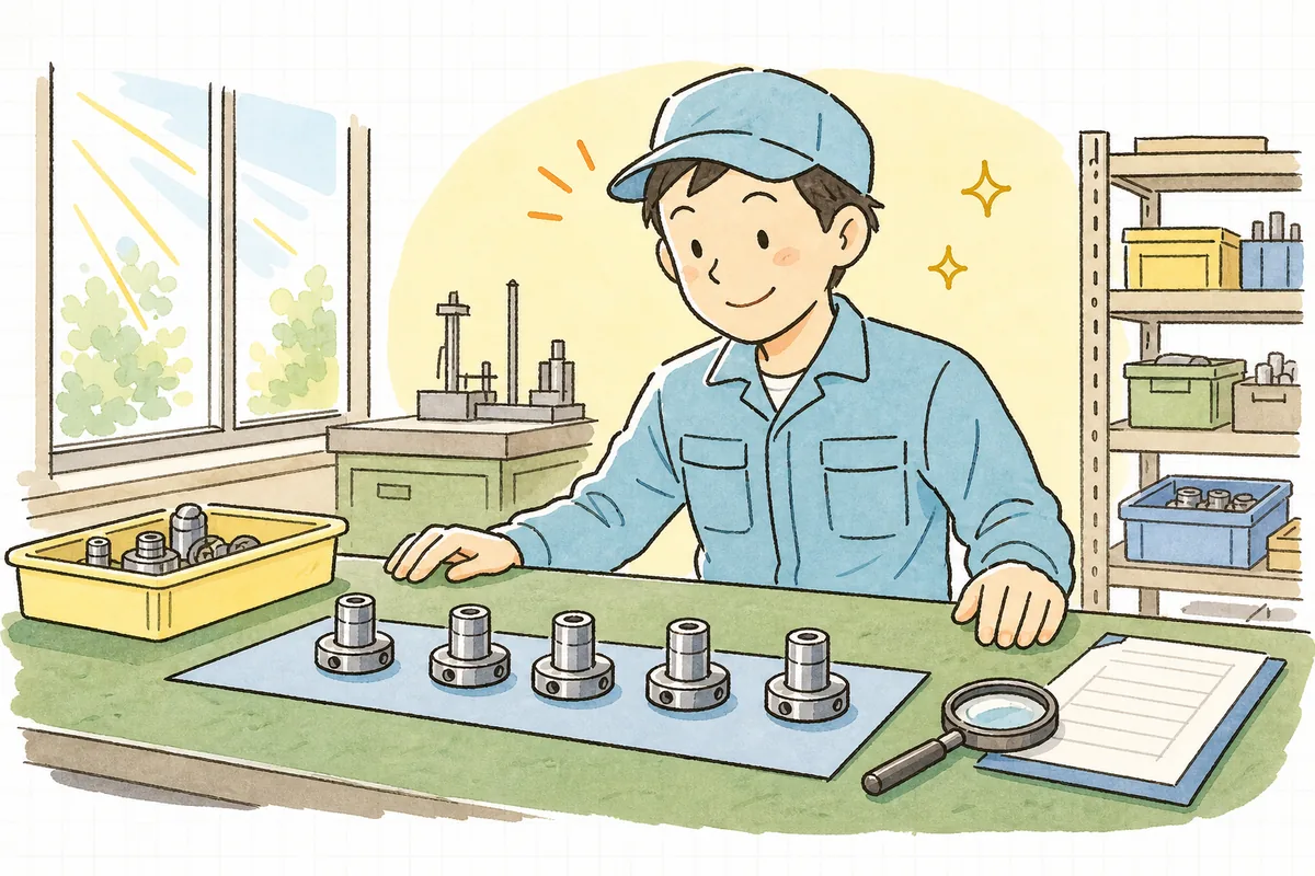 限度見本を検査台に並べ終え、判断の基準がそろった安心がにじむ町工場の担当者の前向きな表情