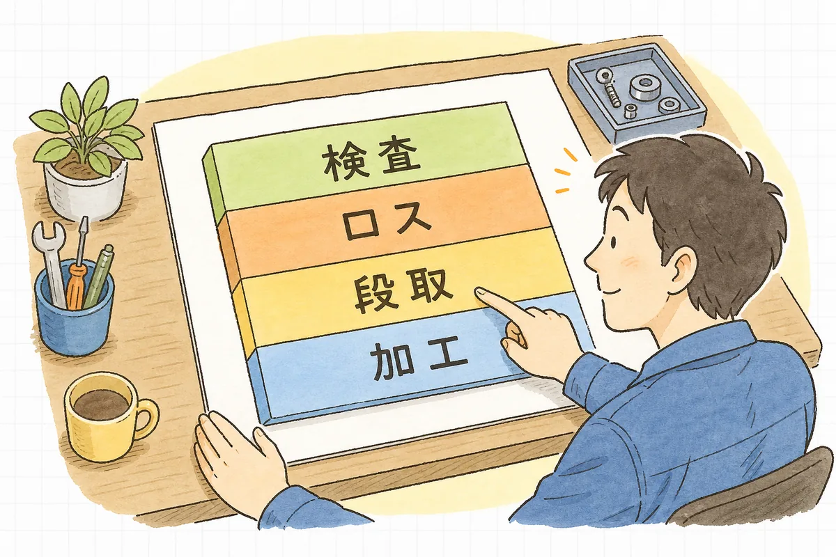 原価を加工・段取・ロス・検査の層に積み上げて確かめる担当者を斜め上から捉えた説明図