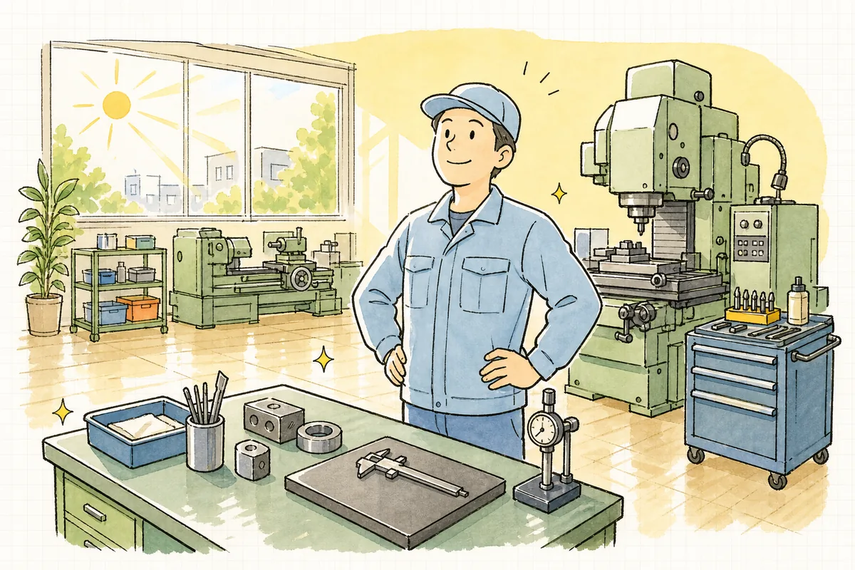 朝の作業場を見渡し、今日の段取りに手応えを感じる担当者の前向きな表情