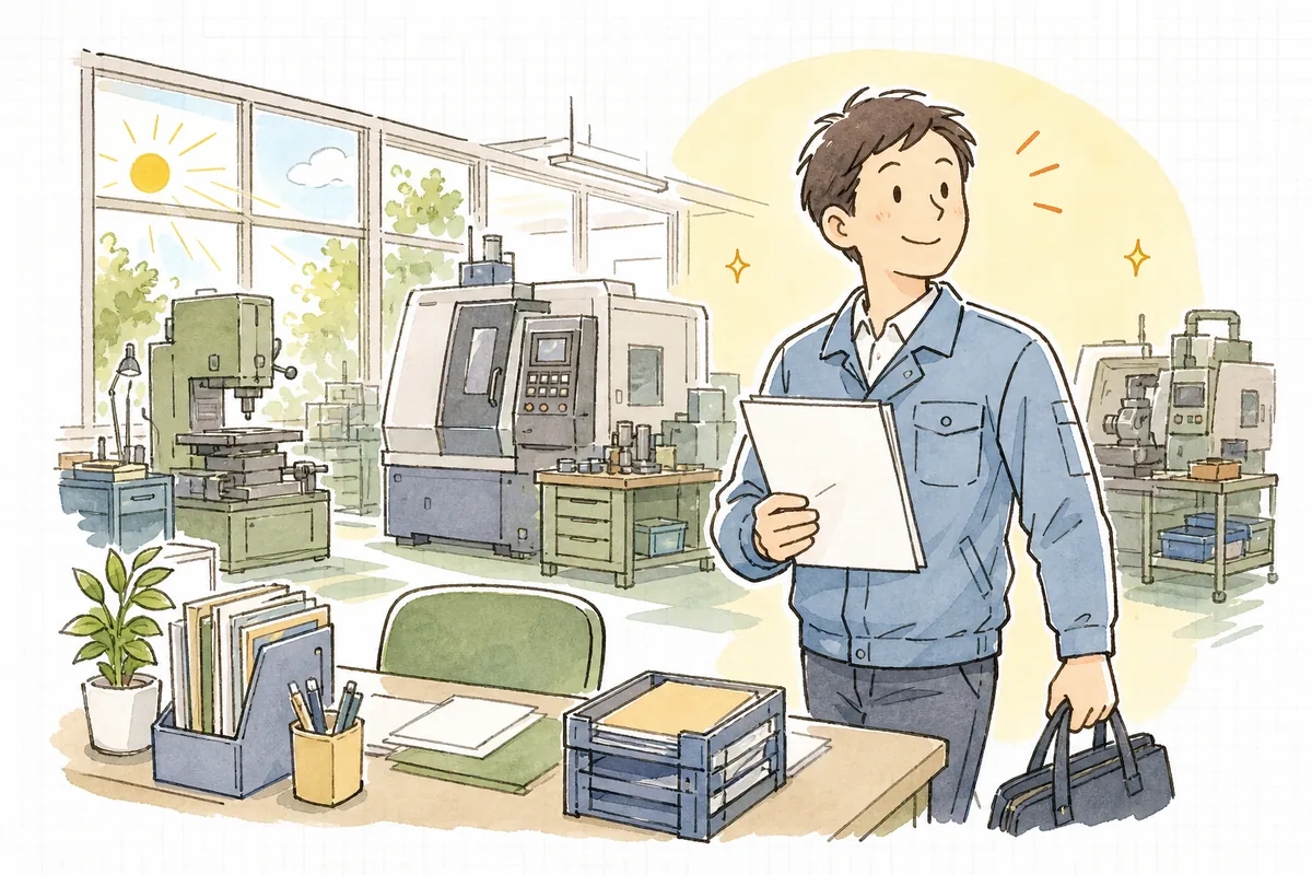 翌朝の明るい作業場で、受注の判断を終えて落ち着いて次の仕事に向かう担当者の前向きな表情