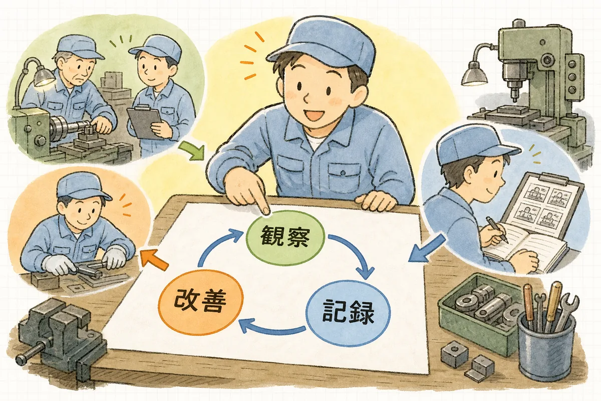 観察し、記録し、試して直すという循環を指でたどって確かめる担当者の説明図