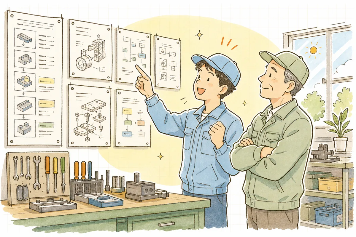 手順書の貼られた壁の前で、若手とベテランが次の作業を見据える前向きな情景