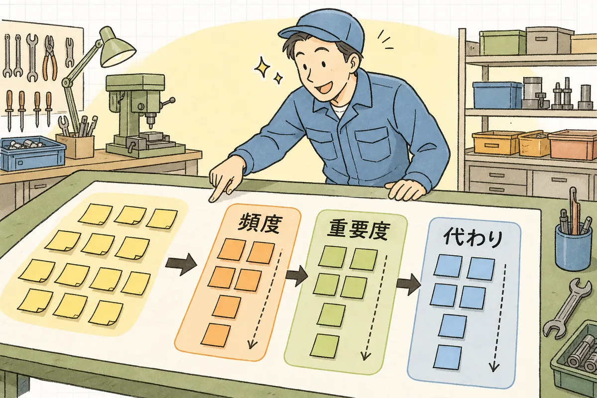 ベテランの担当作業を洗い出し、頻度・重要度・代替の有無で優先順位をつける棚卸しの流れを示す説明図