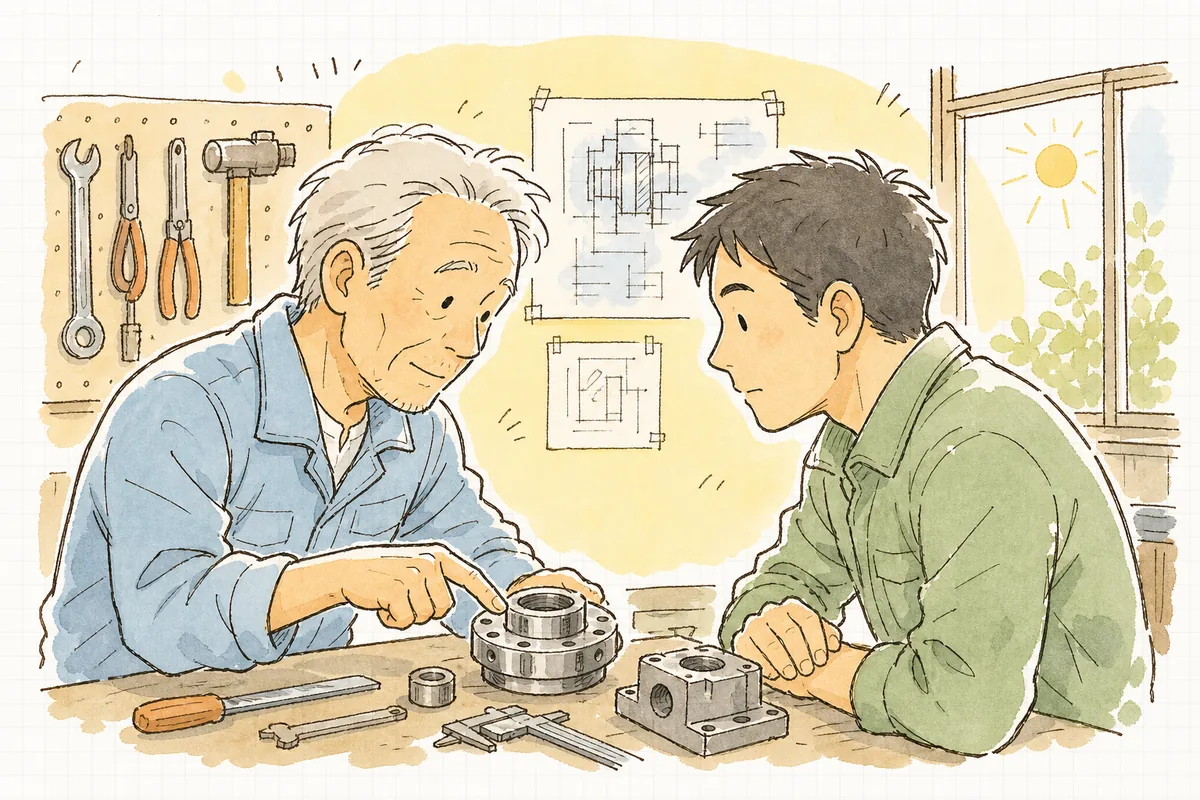 作業台の前でベテラン職人と現場リーダーが手元の加工を指さしながら引き継ぎを話し合う町工場の情景