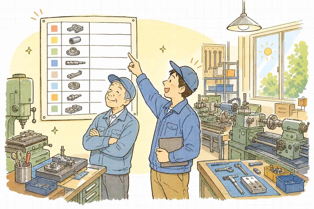 棚卸しの表を前にベテランと現場リーダーが引き継ぎの順番を確かめ、前を向く町工場の情景