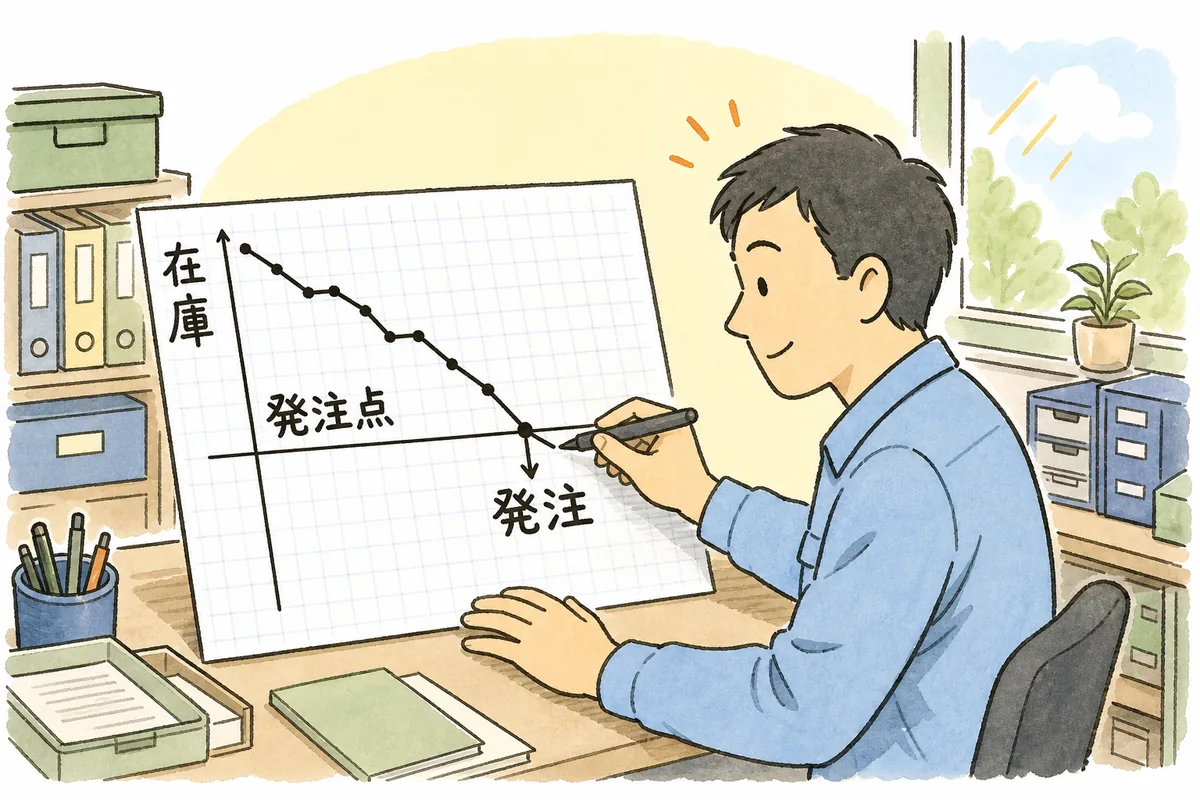 在庫が日々減っていき、発注点の線に達したら発注し、リードタイムの後に入荷して在庫が回復する流れを示した説明図