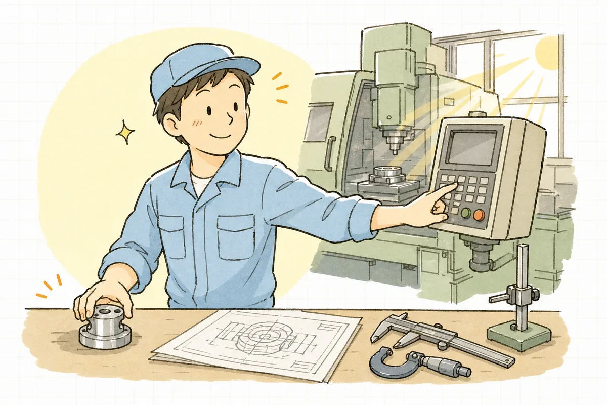最初の1個の合格を確認して、安心した表情で量産のボタンに手を伸ばす町工場の担当者