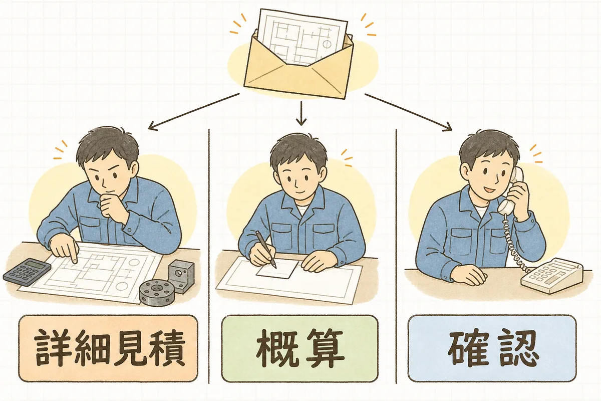 引き合いの返し方を3つに分けた説明図。左は図面をじっくり見て電卓で計算している担当者、中央はメモに大まかな金額の幅を書き込んでいる担当者、右は電話で相手に質問している担当者の絵