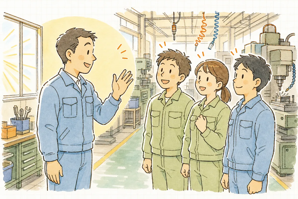 朝礼で現場リーダーが数人の作業者に向けて片手を上げて話しかけ、みんながうなずいている明るい町工場の場面