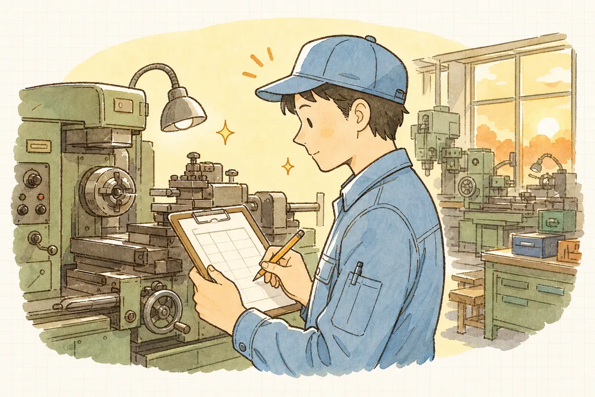 止まった工作機械の横で、保全記録の用紙に故障の様子を書き留める町工場の担当者の手元と表情